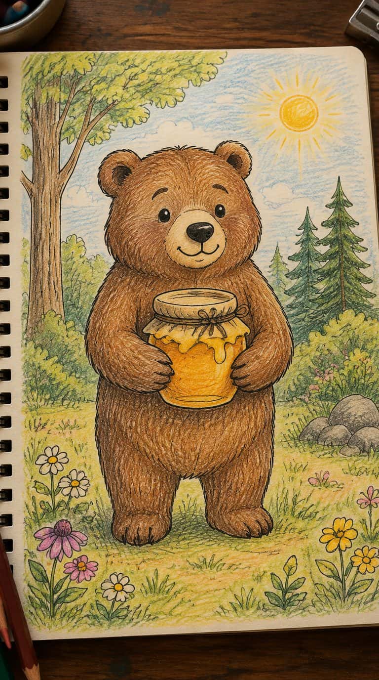A hand-drawn artwork of bear holding a honey jar.