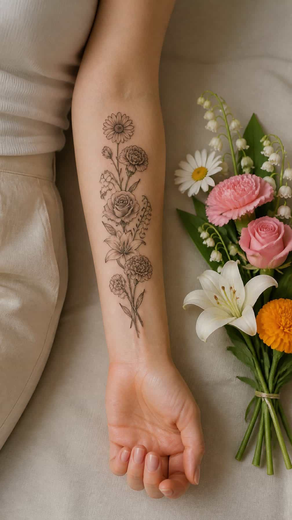 A woman's forearm with a delicate floral tattoo rests beside a small bouquet of birth flowers.