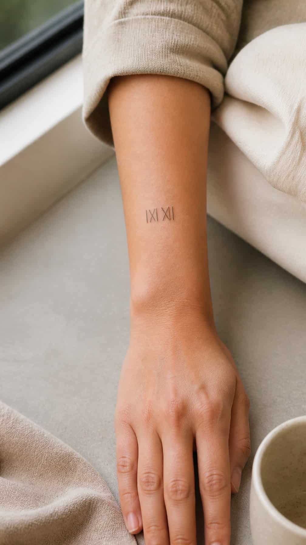 An adult’s forearm rests on a neutral surface, displaying a small minimalist tattoo.