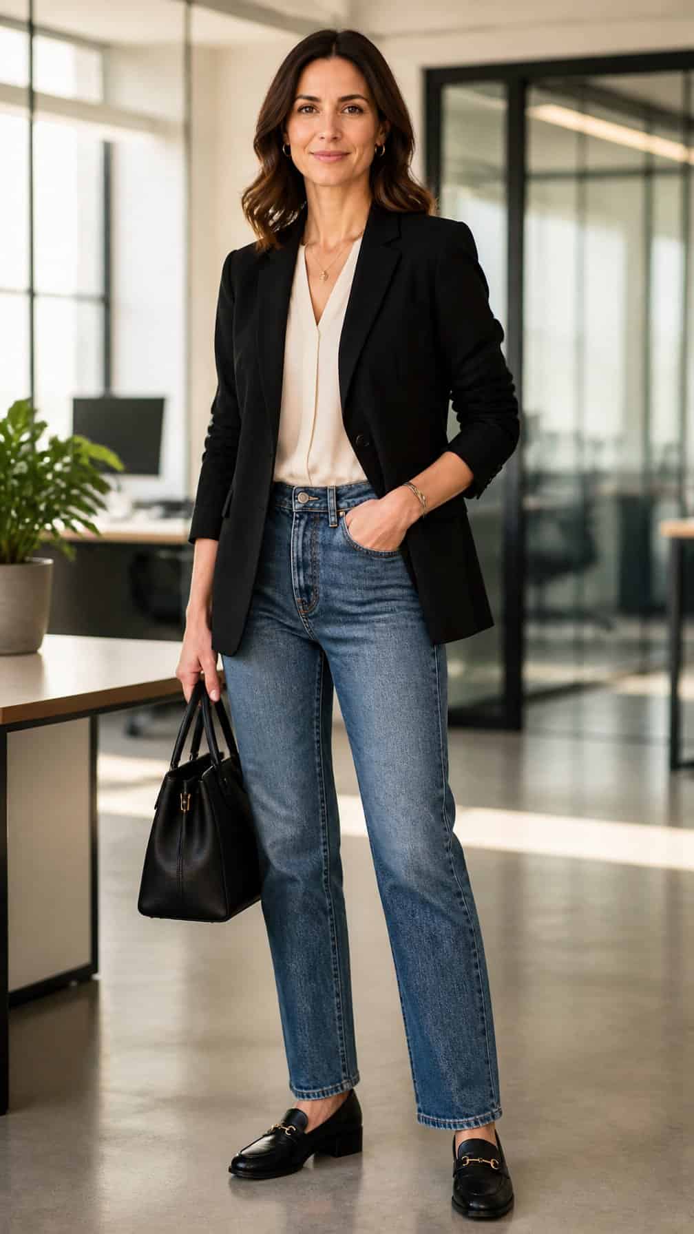 A professional woman in a black blazer, straight-leg jeans, and loafers standing in a modern office.