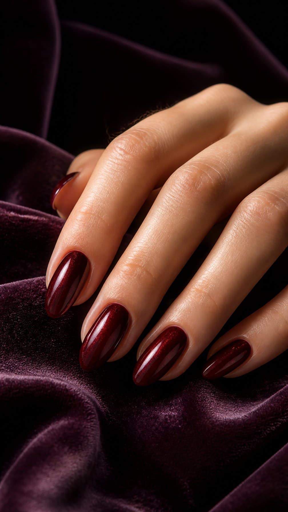 A hand with deep burgundy almond-shaped nails rests on dark velvet fabric.