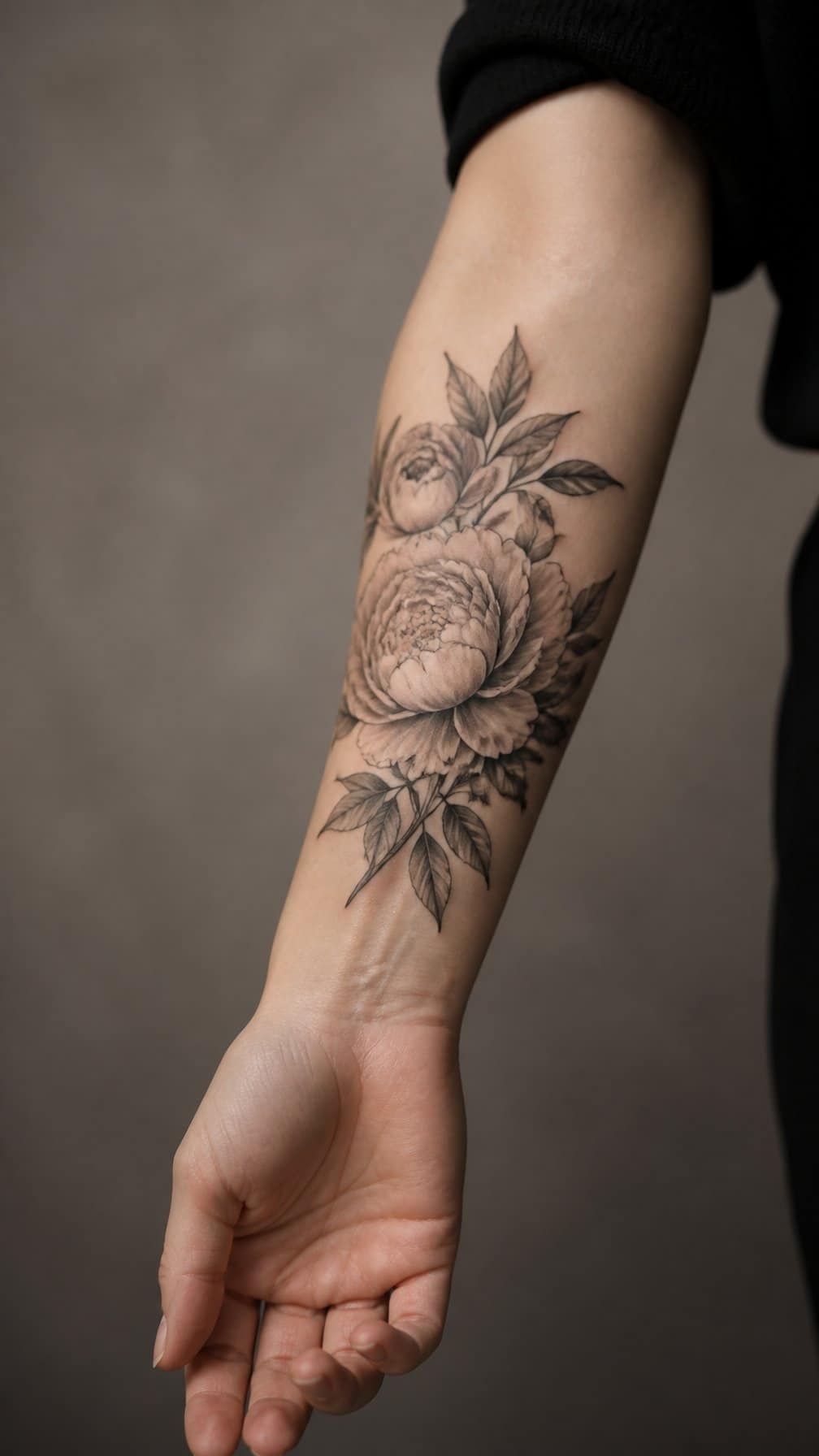 A woman’s forearm with a black-and-gray peony tattoo.