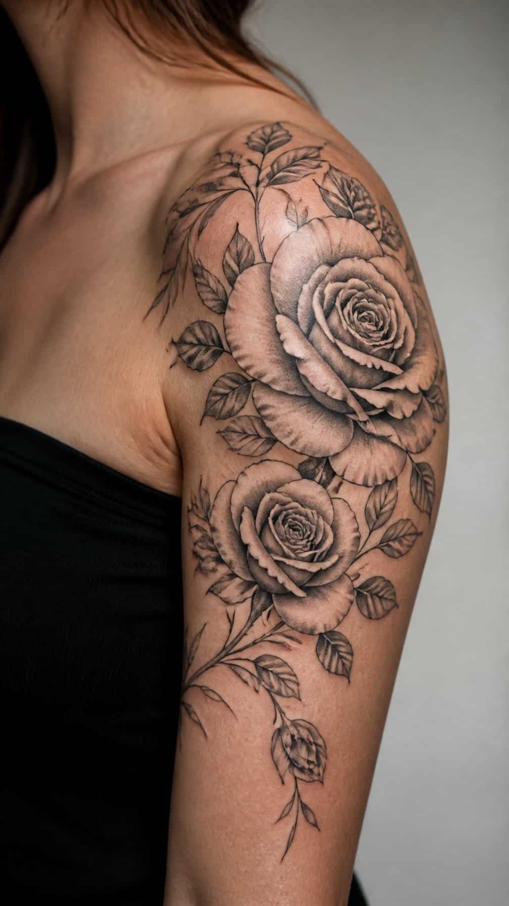 A black-and-grey rose tattoo curves across a person’s shoulder and upper arm.