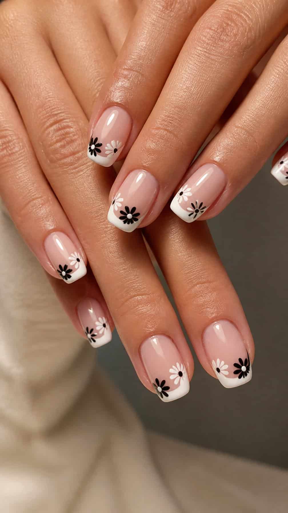 A close-up of hands with black-and-white daisy French tip nail designs.