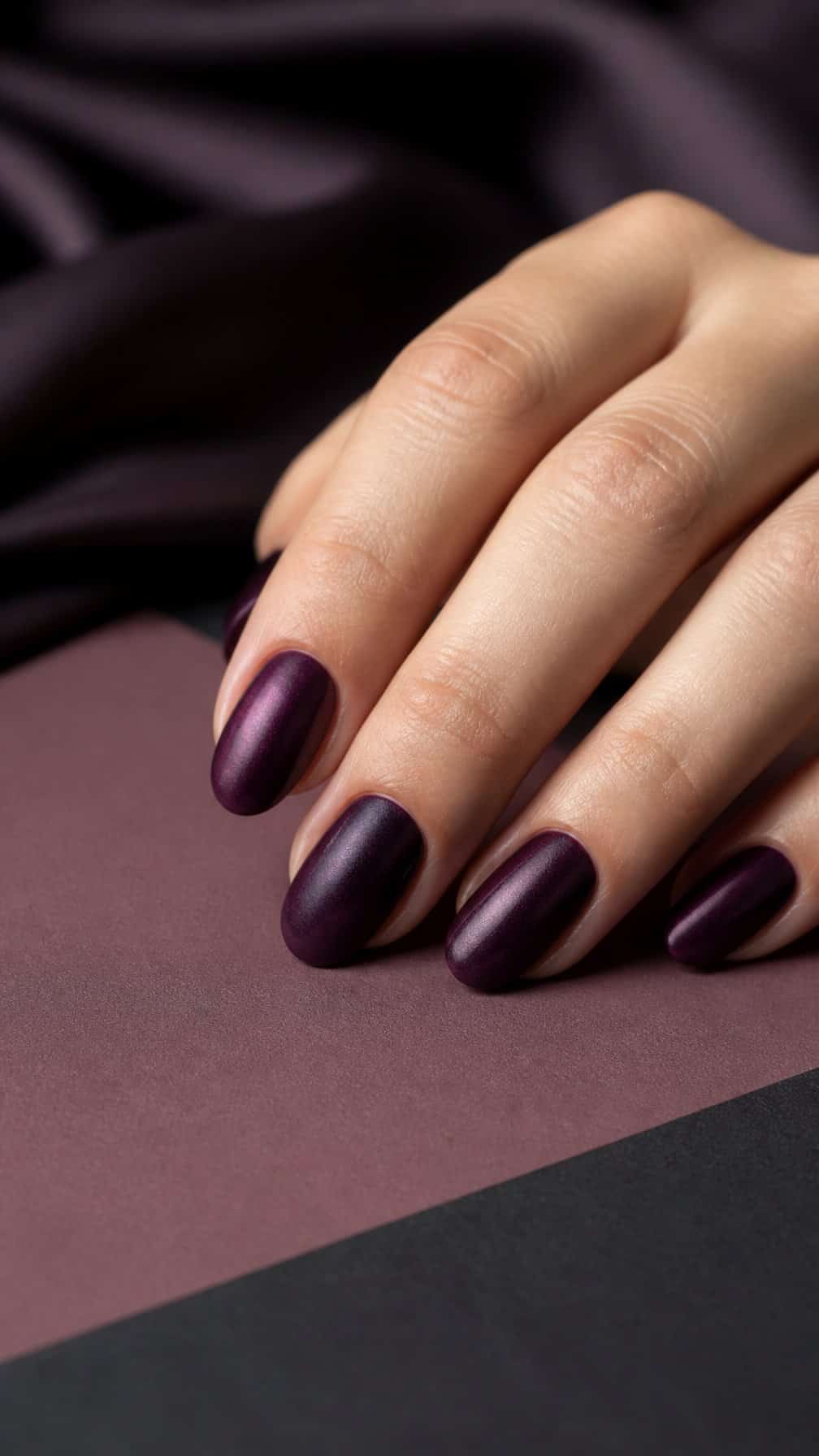 A hand with a deep blackberry-purple manicure resting on a muted surface.