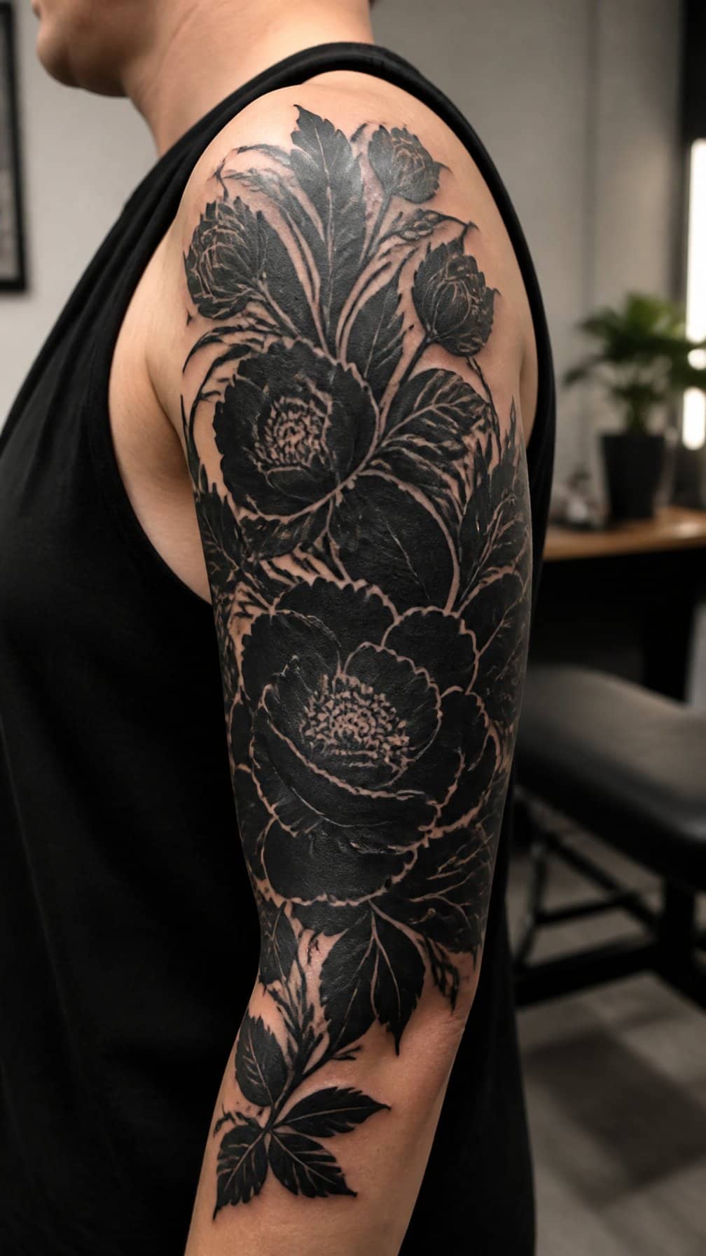 A person displays a black floral tattoo sleeve covering faded ink on their upper arm.