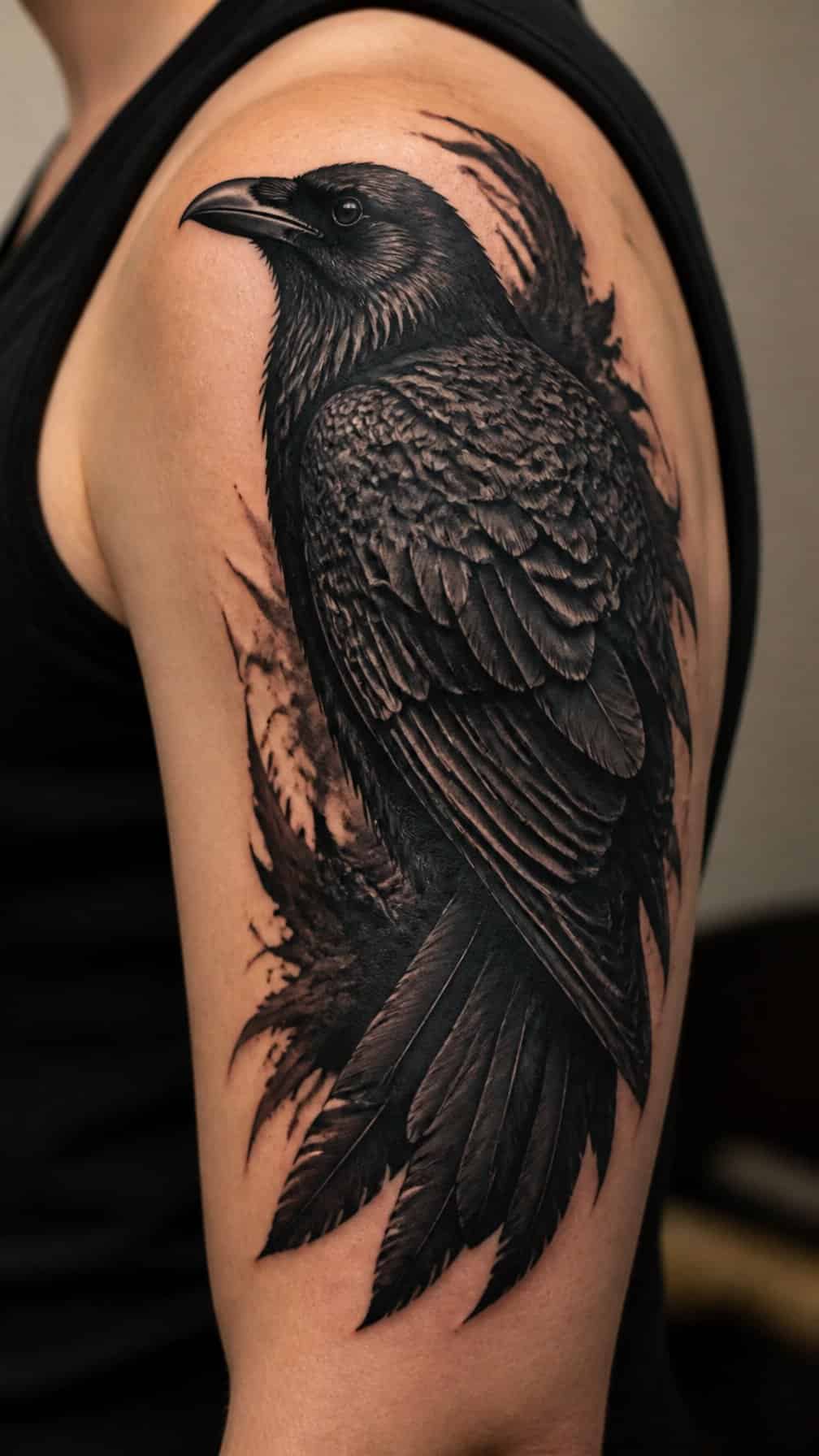 A black raven tattoo covers an older tattoo on a person's upper arm.