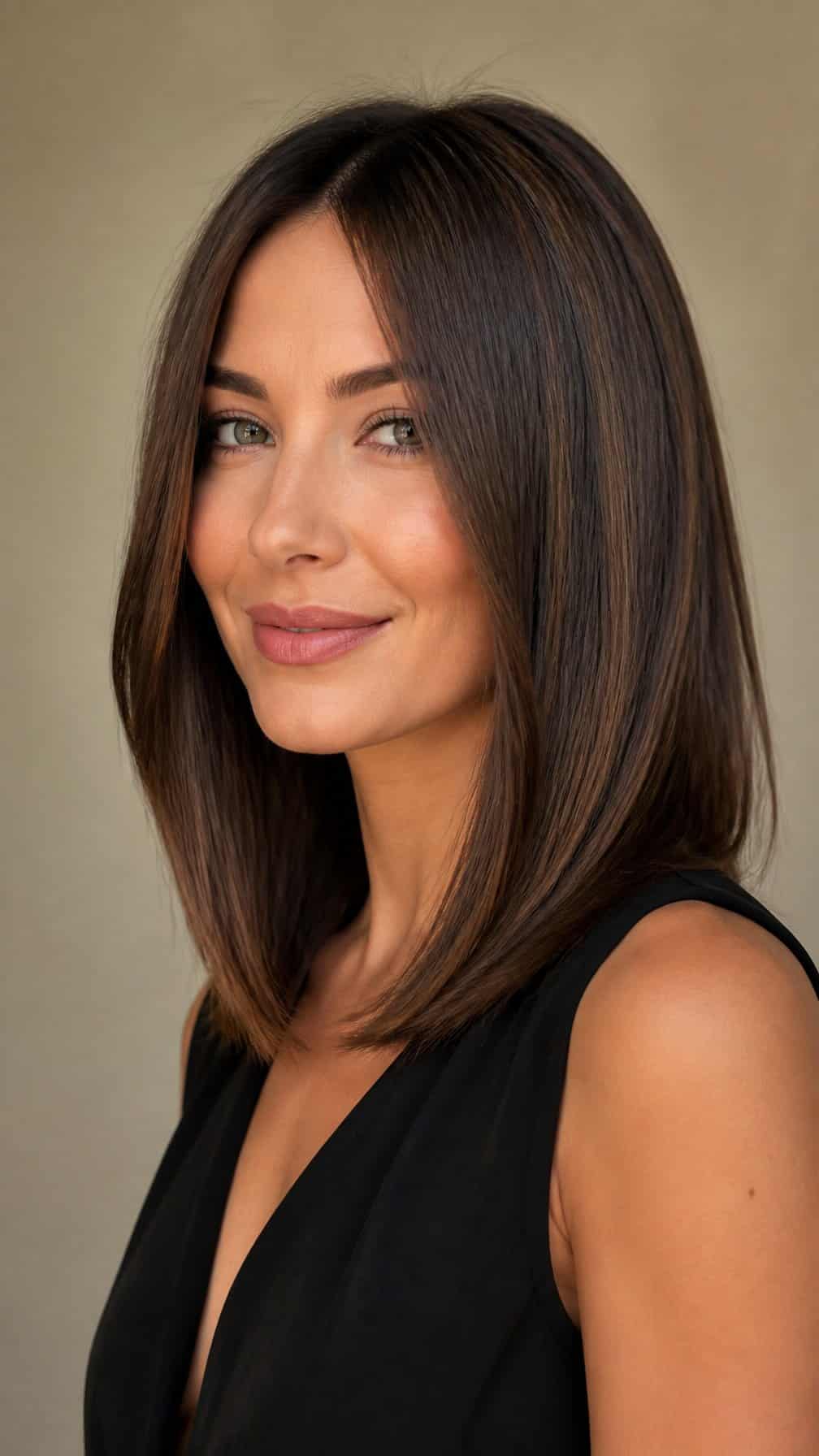 Woman with straight shoulder-length hair styled in a sleek bob with softly feathered ends.