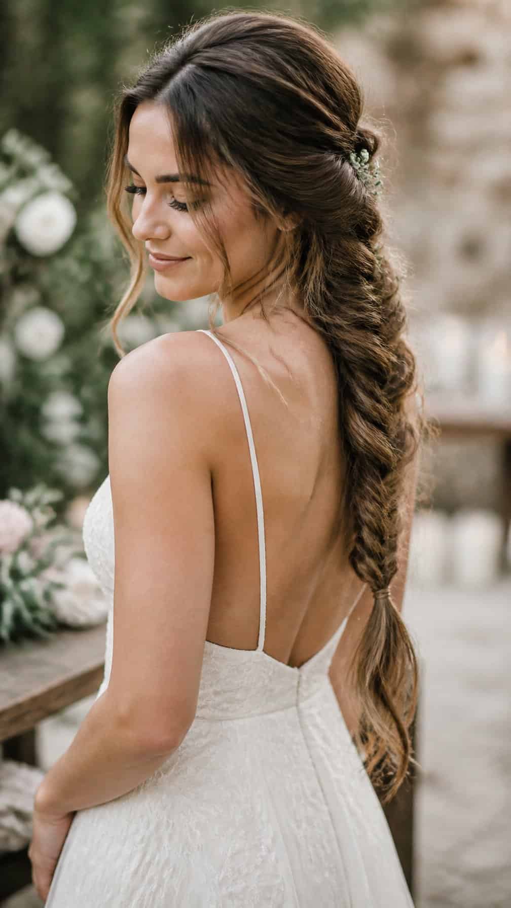 Bride wearing a loose fishtail braid in a softly lit garden.