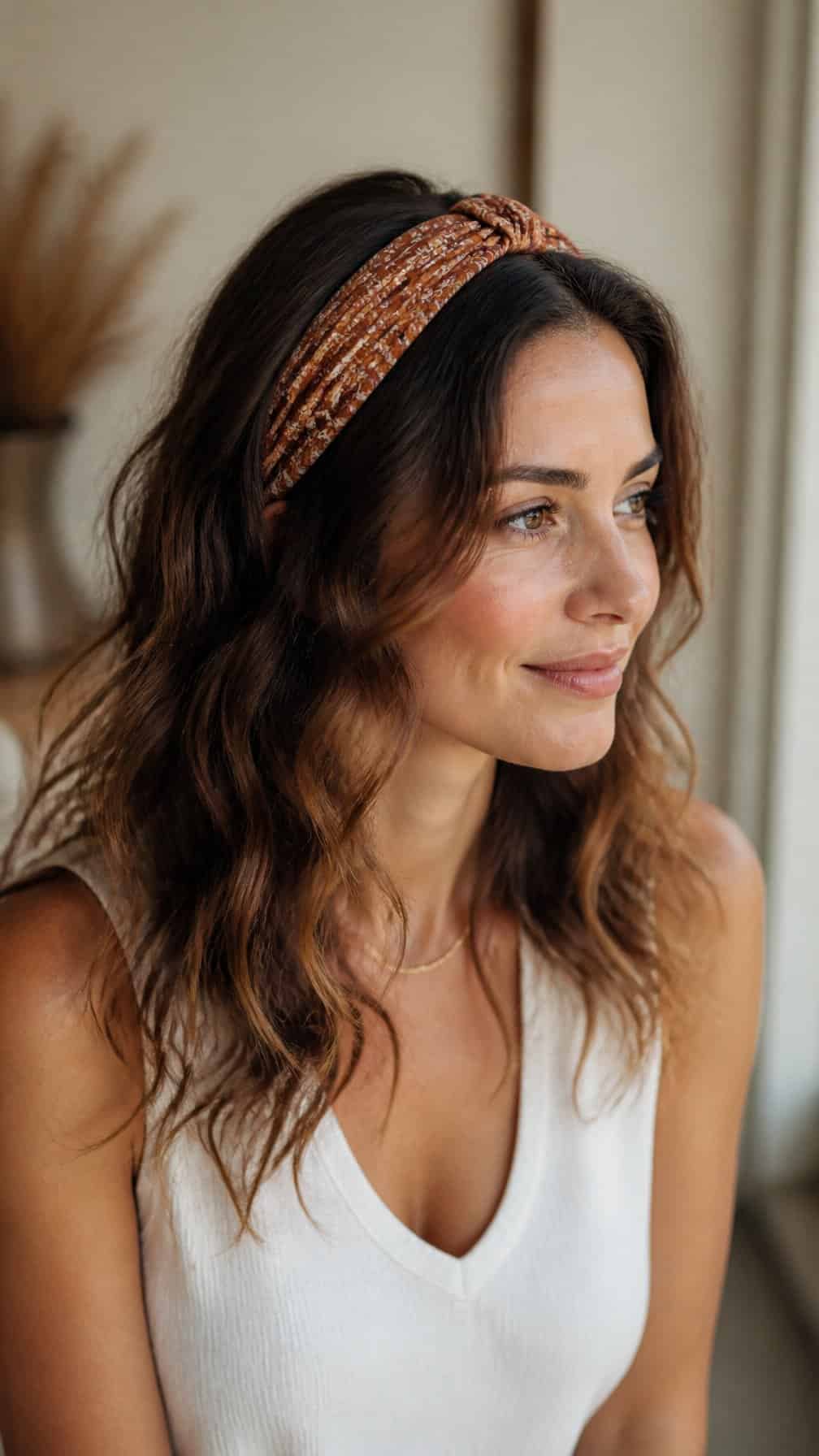 Woman wearing a headband with loose natural waves in her hair.