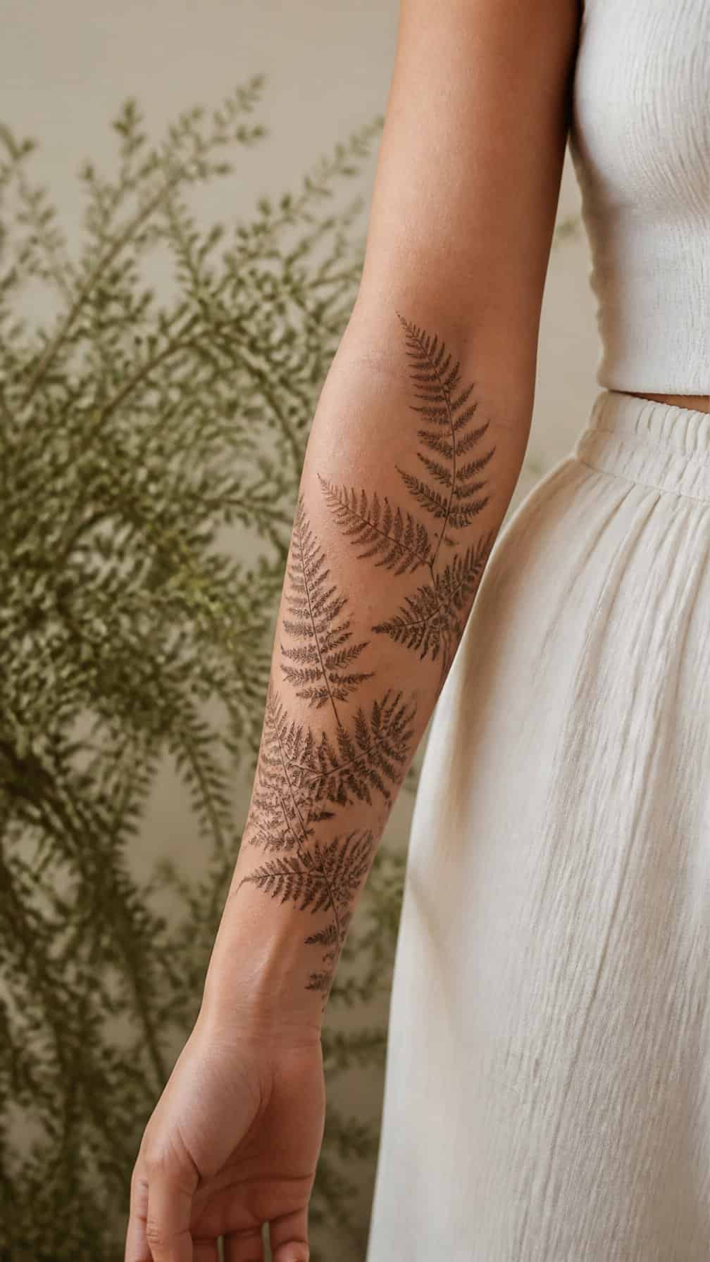 A woman's forearm with a delicate fern tattoo wrapping around it.