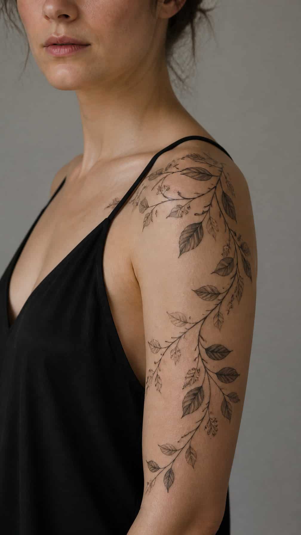 A botanical vine tattoo curves from a person’s shoulder down the upper arm.