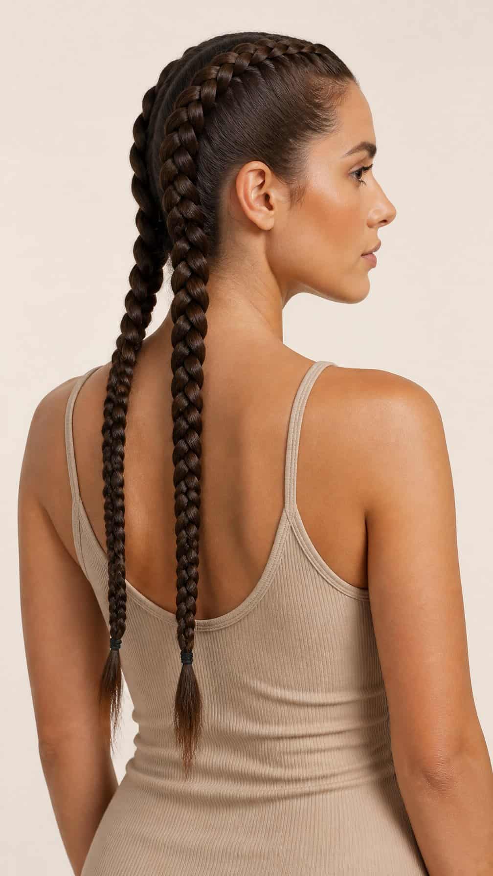 Woman with long hair arranged in two neat braids down the back of her head.