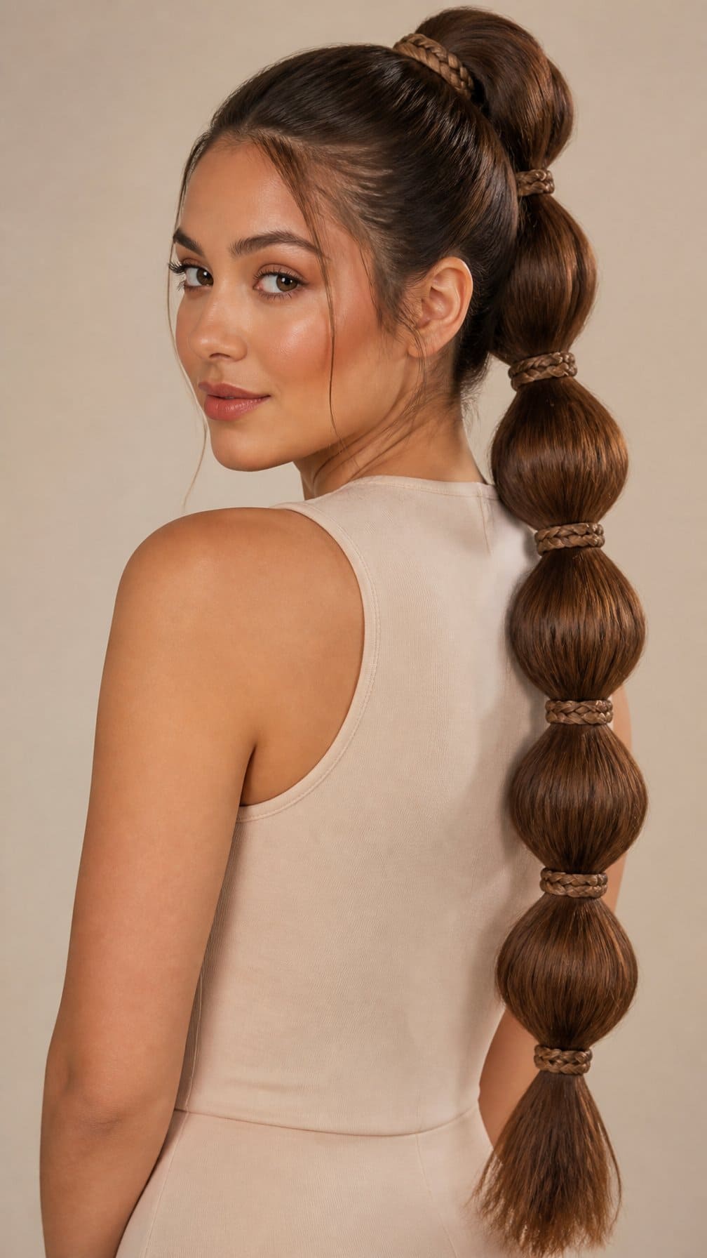 A woman displays a long braided bubble ponytail over her shoulder.