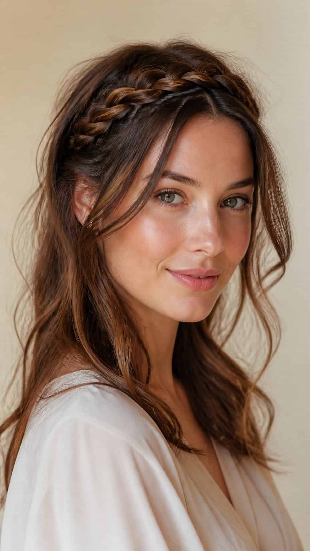 A woman wears a braided headband with loosely tousled hair.