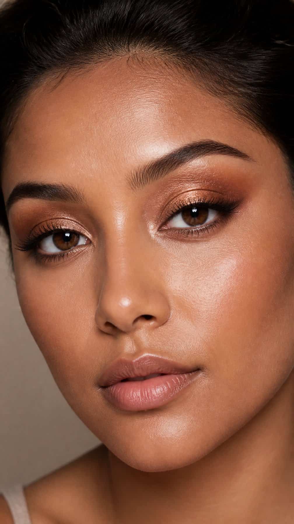 Close-up portrait of a person with hooded eyes wearing shimmering bronze eye makeup.