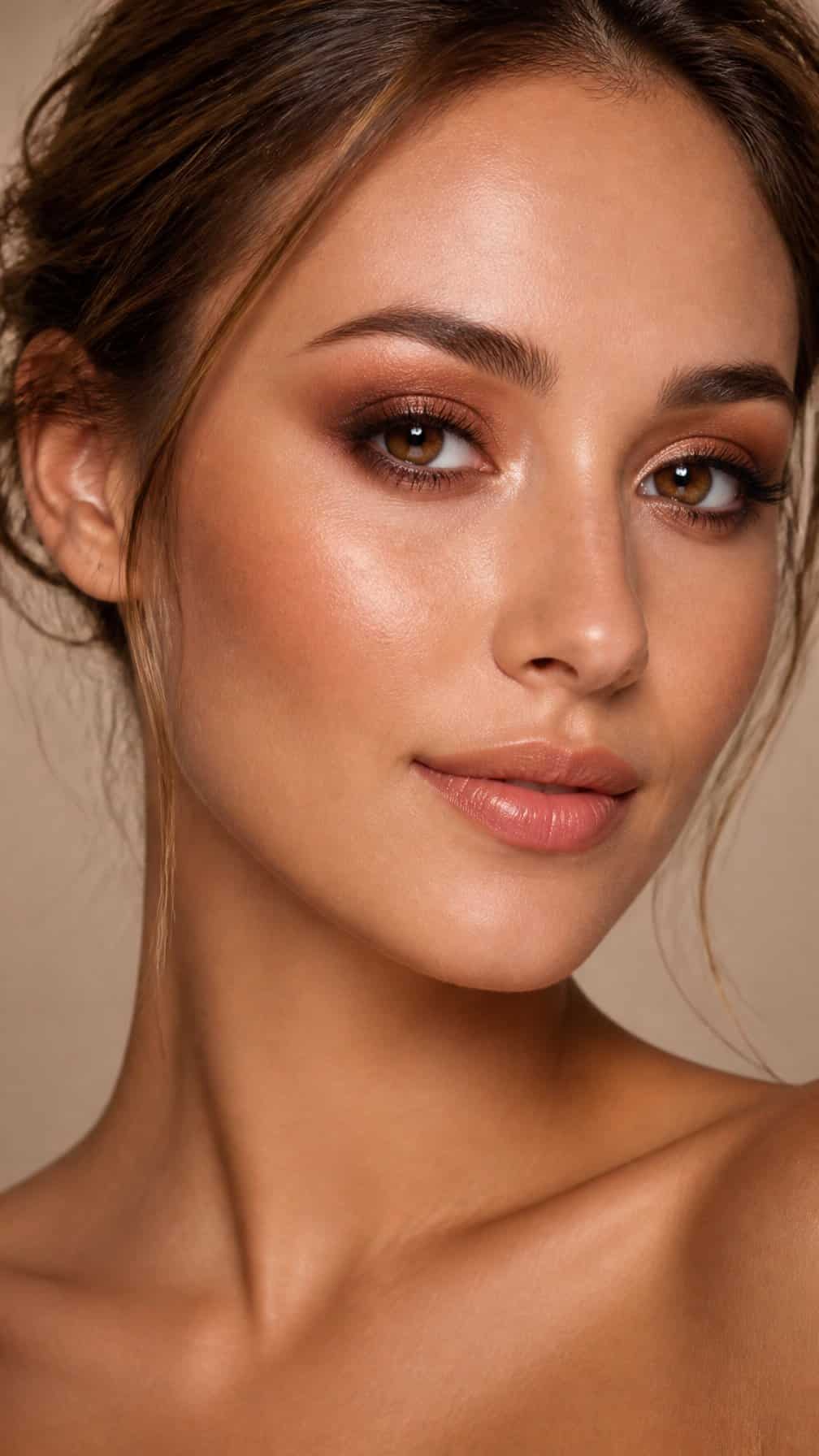 Close-up portrait of a woman wearing bronze smokey eye makeup.