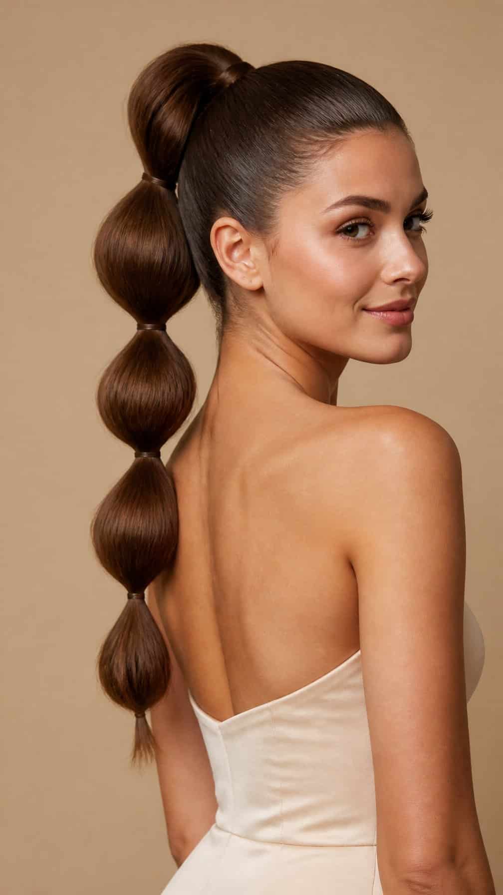 Woman wearing a bubble ponytail updo.
