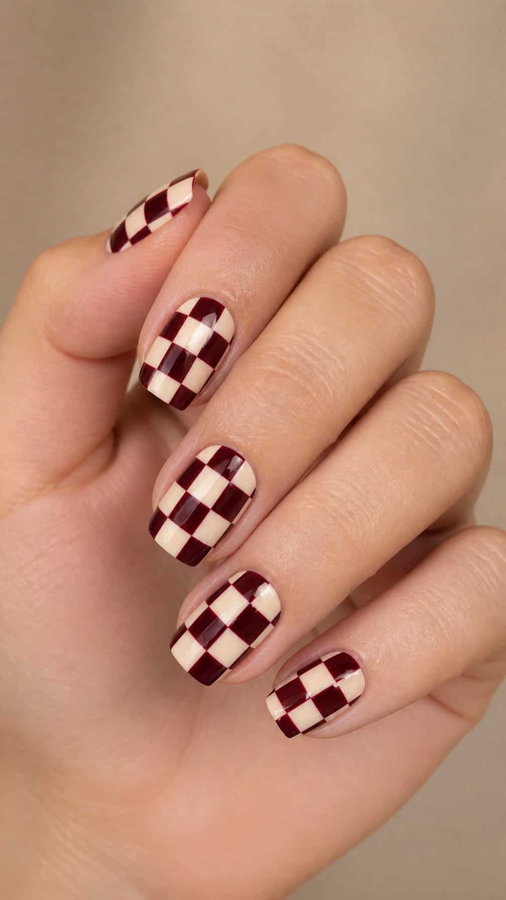 A hand with burgundy and cream checkerboard nail art.