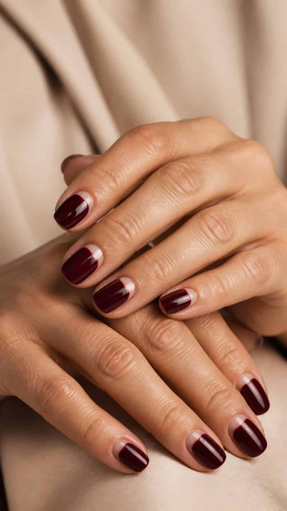 Mature hands with elegant burgundy half-moon manicured nails resting against a neutral background.
