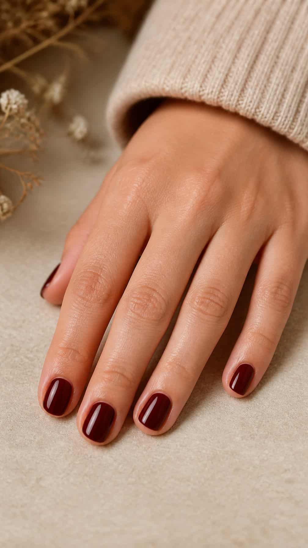 A hand with short, round nails painted glossy burgundy rests on a neutral surface.