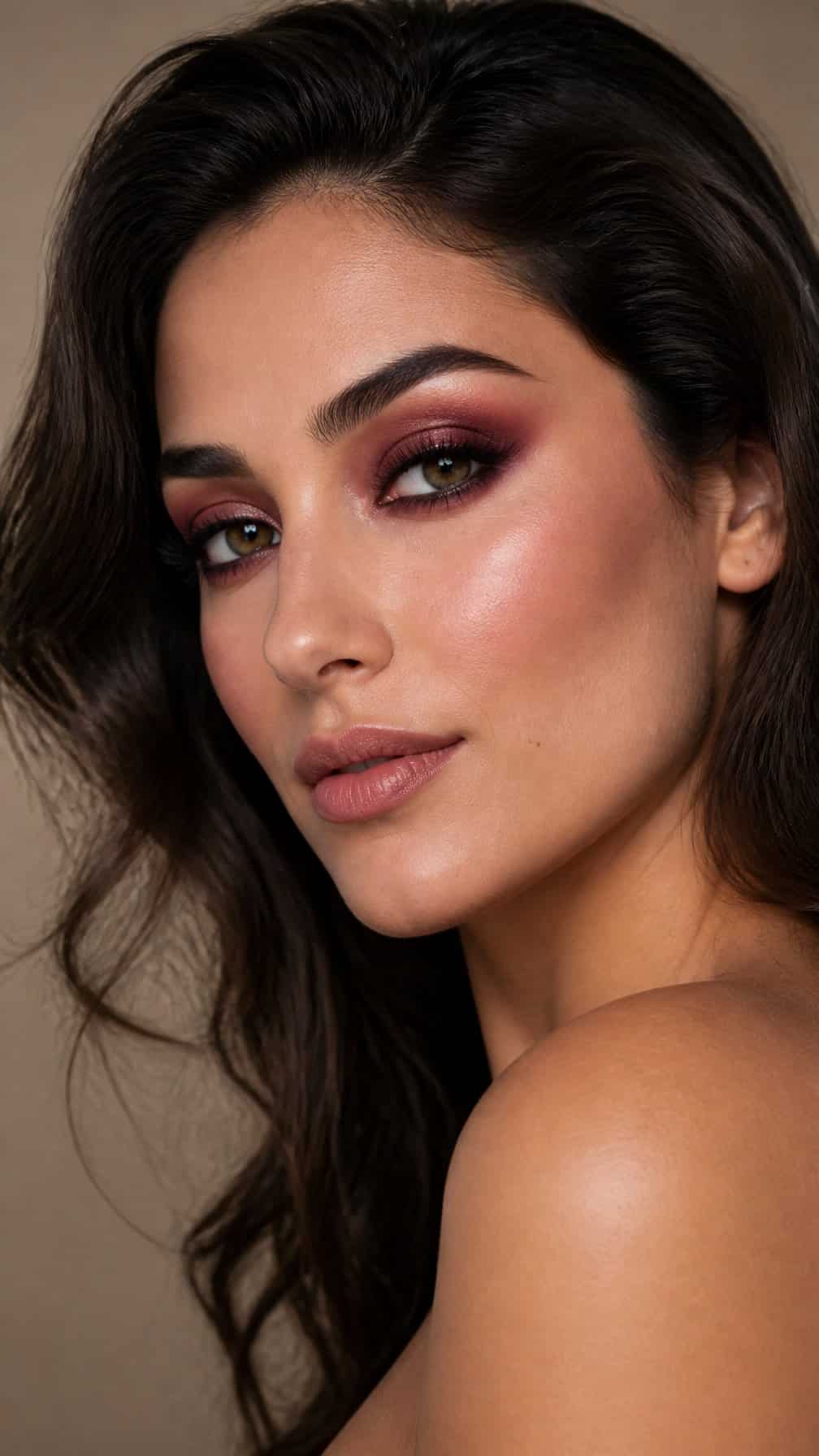 Close-up portrait of a woman wearing burgundy smokey eye makeup.
