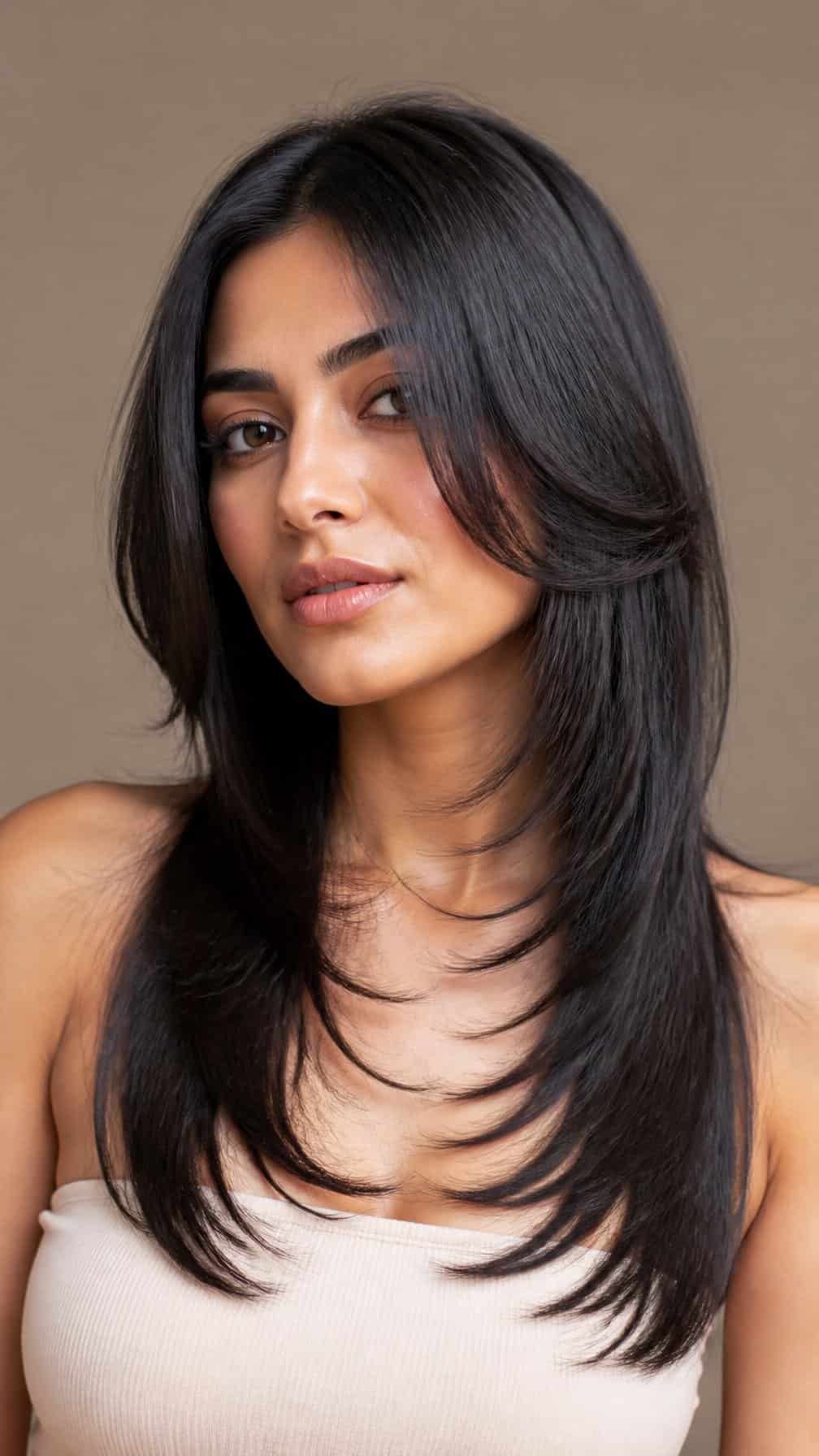 A woman with straight, layered hair posing against a neutral background.