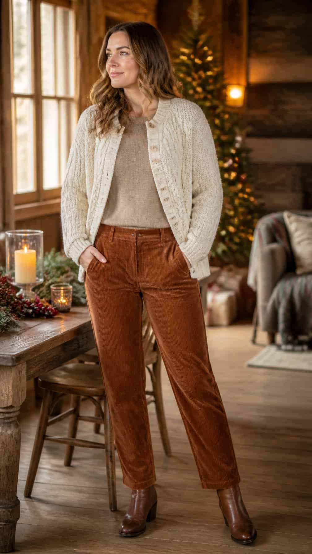 A person wearing a cream cable-knit cardigan and brown corduroy pants at a rustic Christmas gathering.