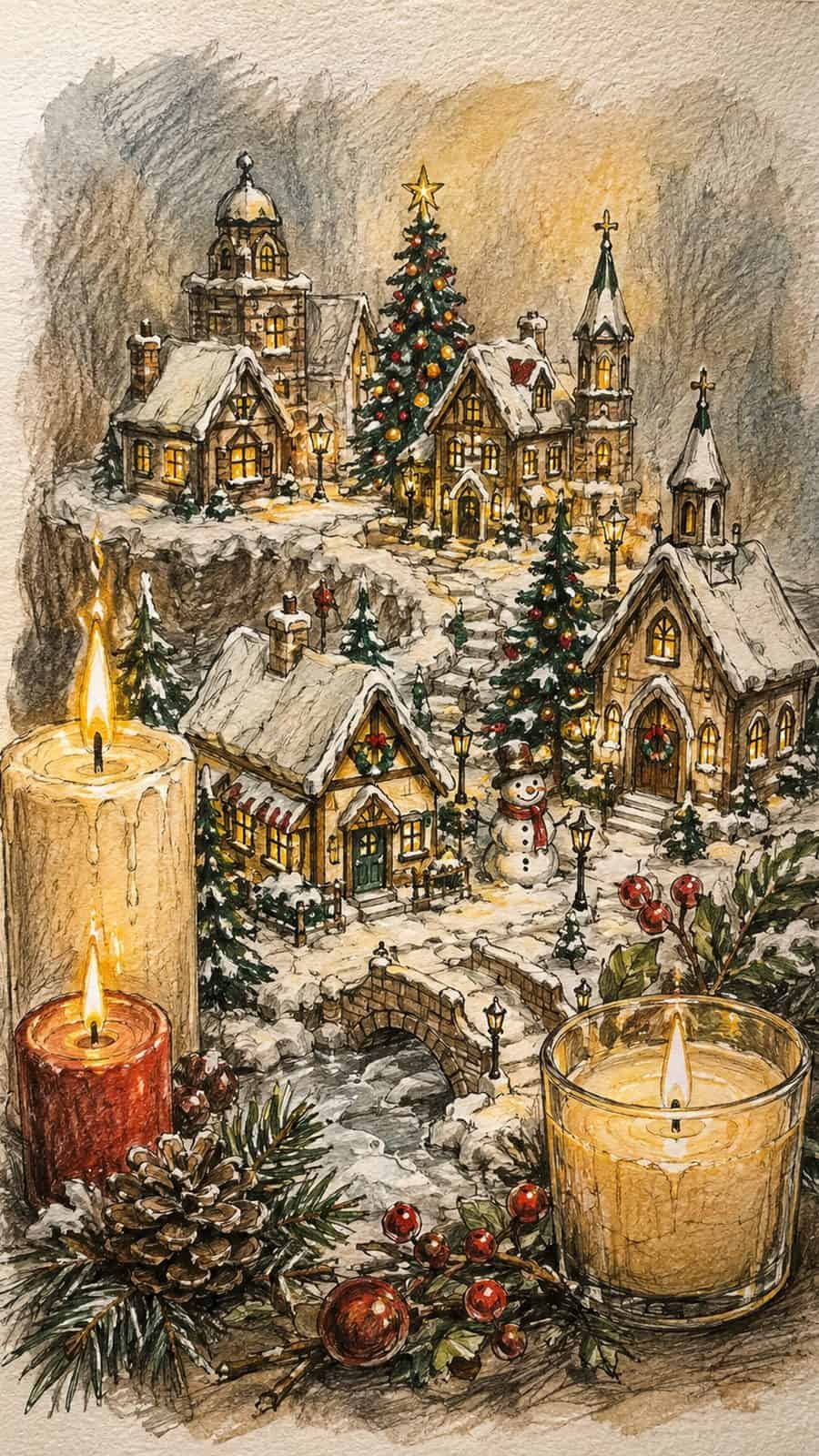 A hand-drawn artwork of candlelit christmas village.