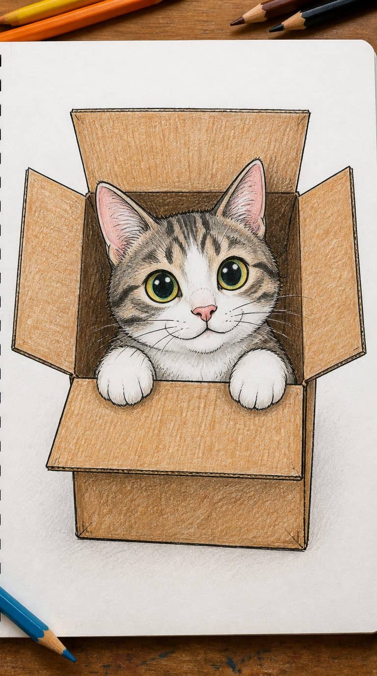 A hand-drawn artwork of cat poking through a box.