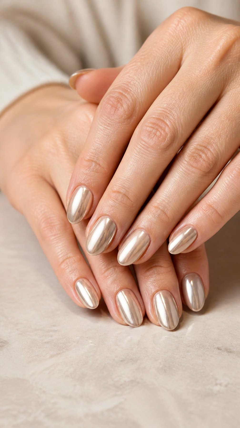 A mature woman’s hands display almond-shaped nails with a soft champagne chrome finish.