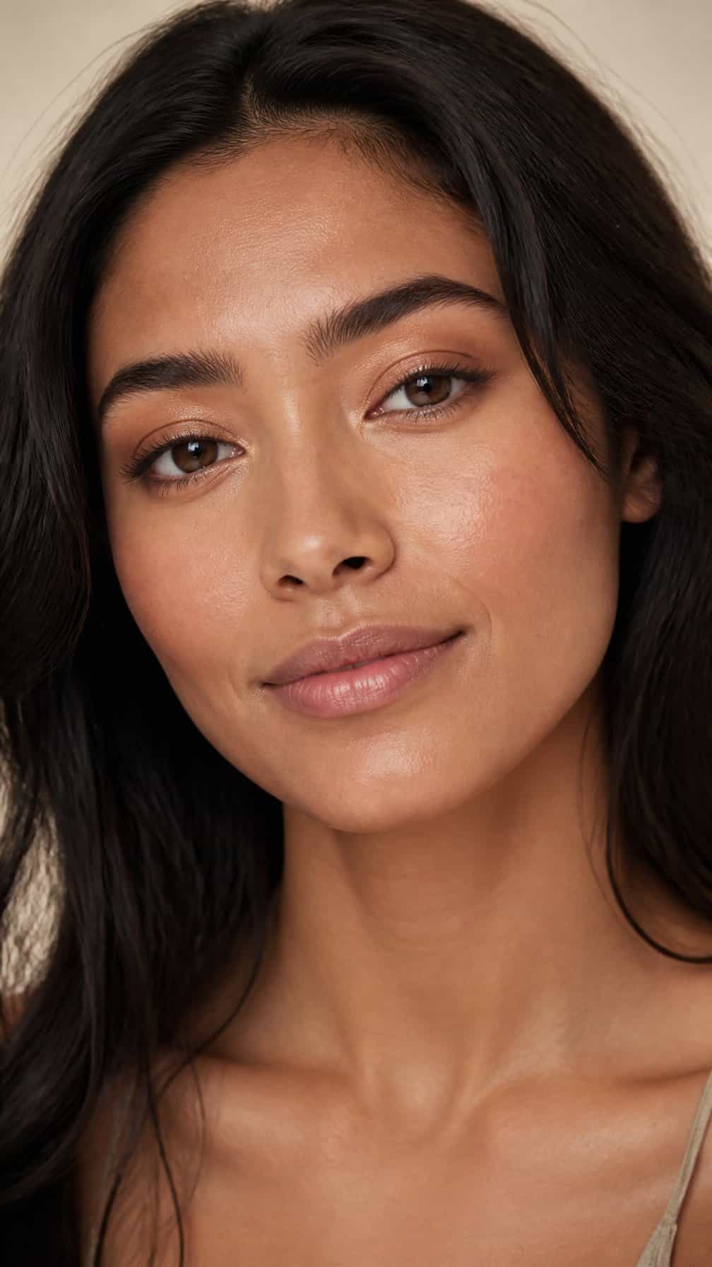 Close-up portrait of a woman wearing subtle champagne eyeshadow at the inner corners of her eyes.