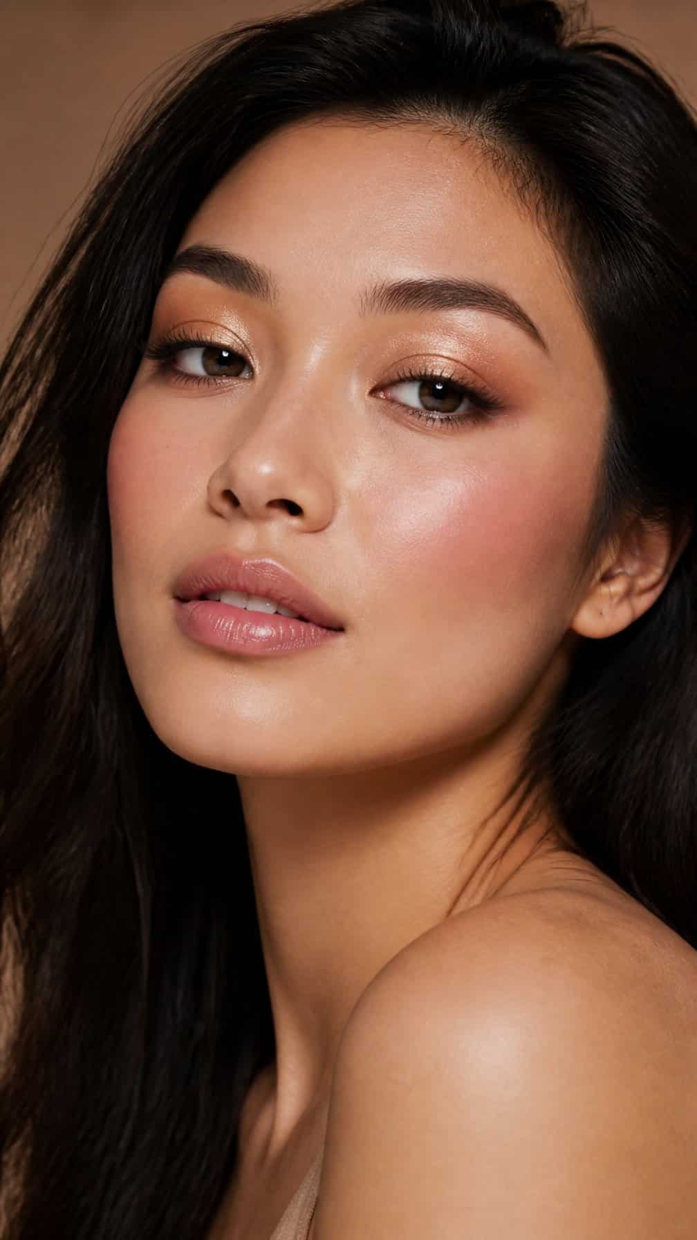 Close-up portrait of a woman wearing champagne eyeshadow and rosy blush.