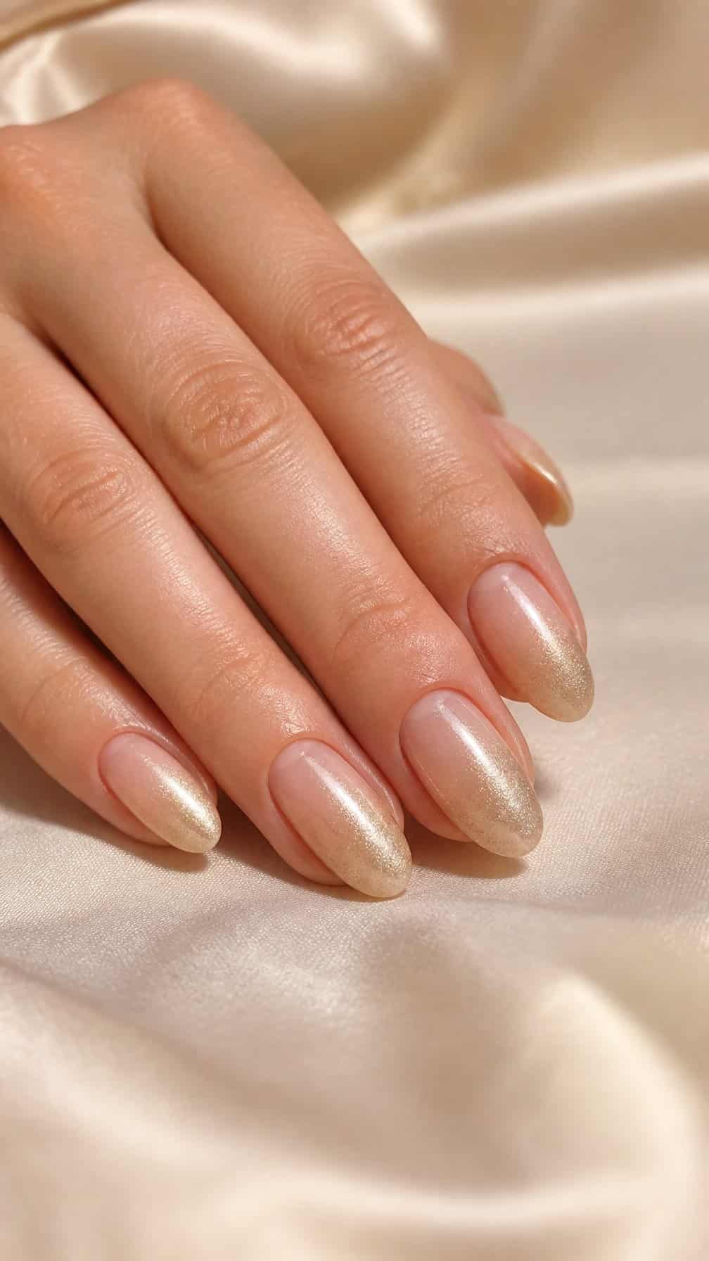 A hand with almond-shaped nails featuring a champagne-colored ombre manicure.