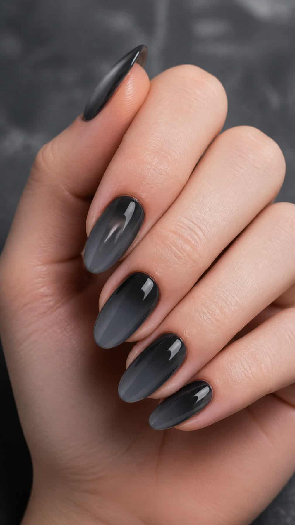 A hand displays charcoal ombre almond-shaped nails with glossy tips.