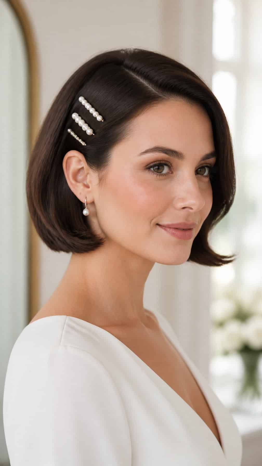 Bride with a chin-length bob haircut and pearl clips above one ear.