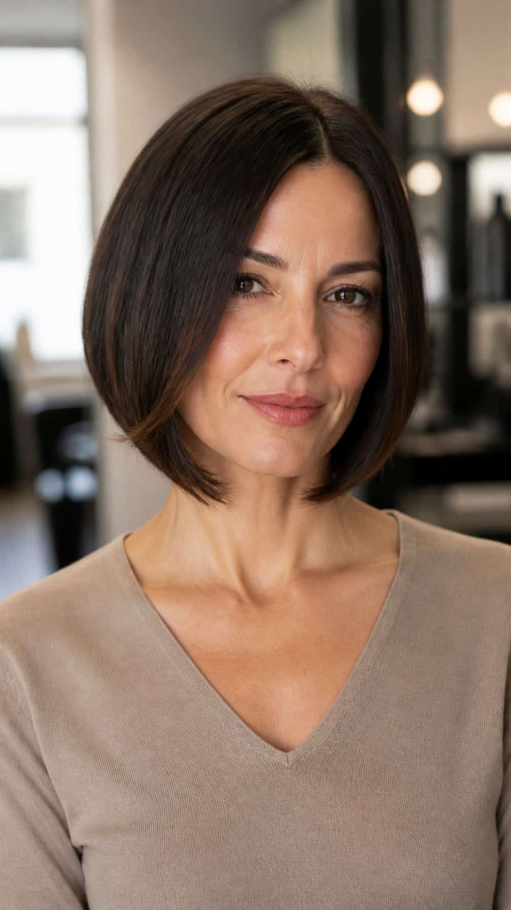 Woman with straight, chin-length layered hair in a long bob.