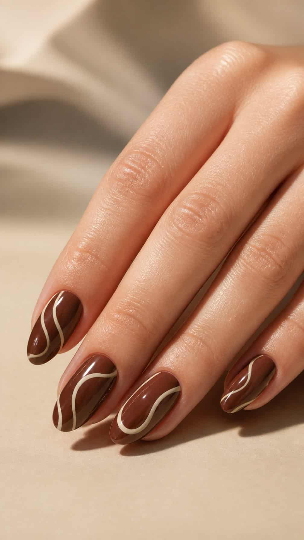 A hand with glossy chocolate-brown nails decorated with cream-colored swirls rests on a neutral surface.