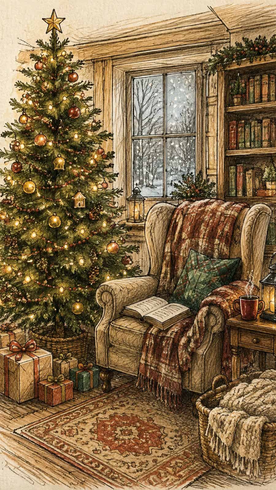 A hand-drawn artwork of christmas tree in a reading nook.