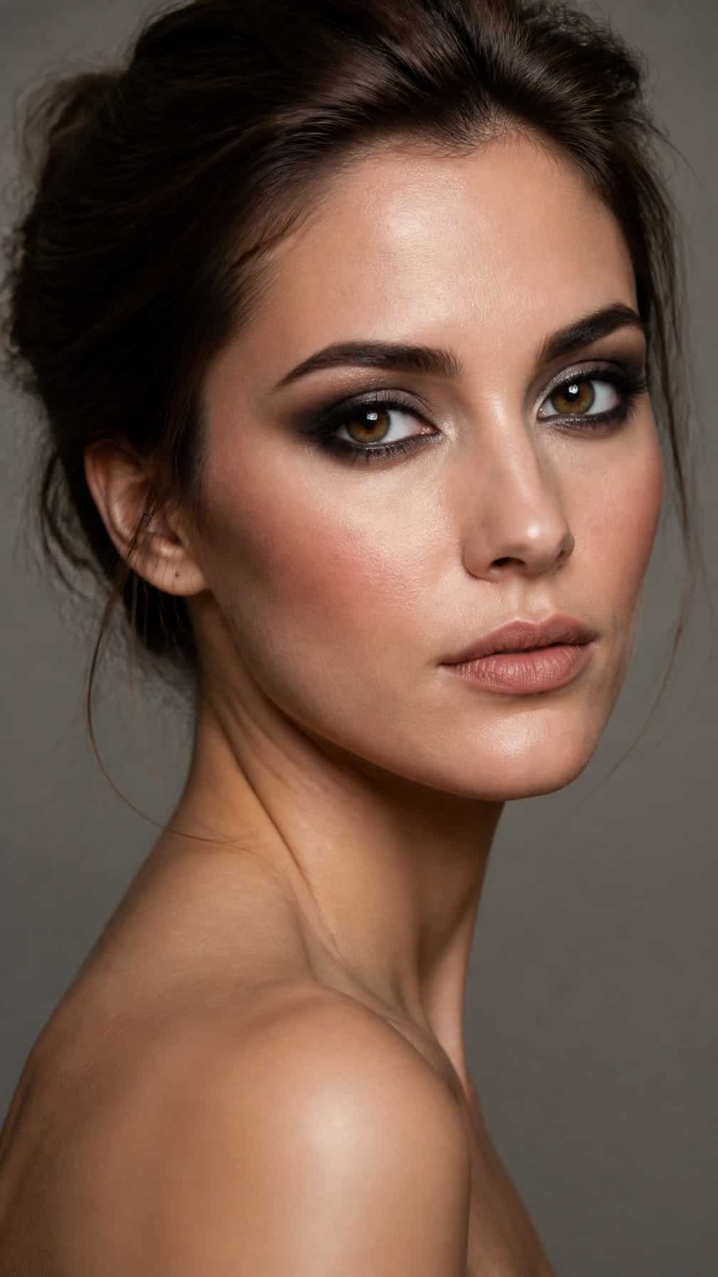 Close-up portrait of a woman wearing blended black smokey eye makeup and neutral lipstick.