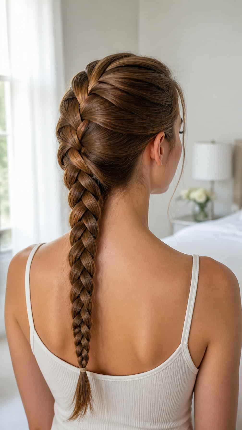 A woman viewed from behind wearing a neatly woven French braid.