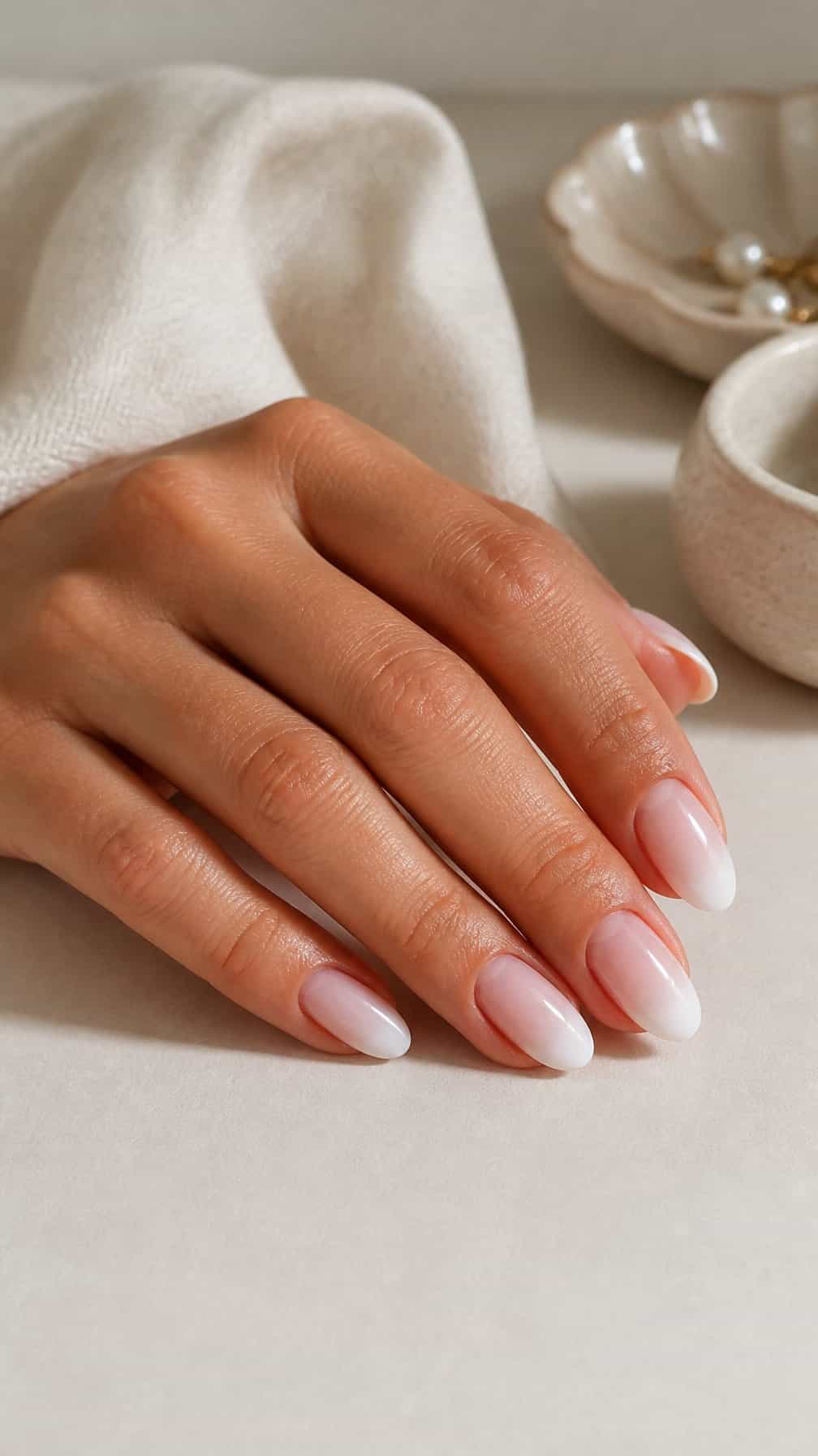 A hand with elegant pink-to-white ombre manicure resting on a light surface.