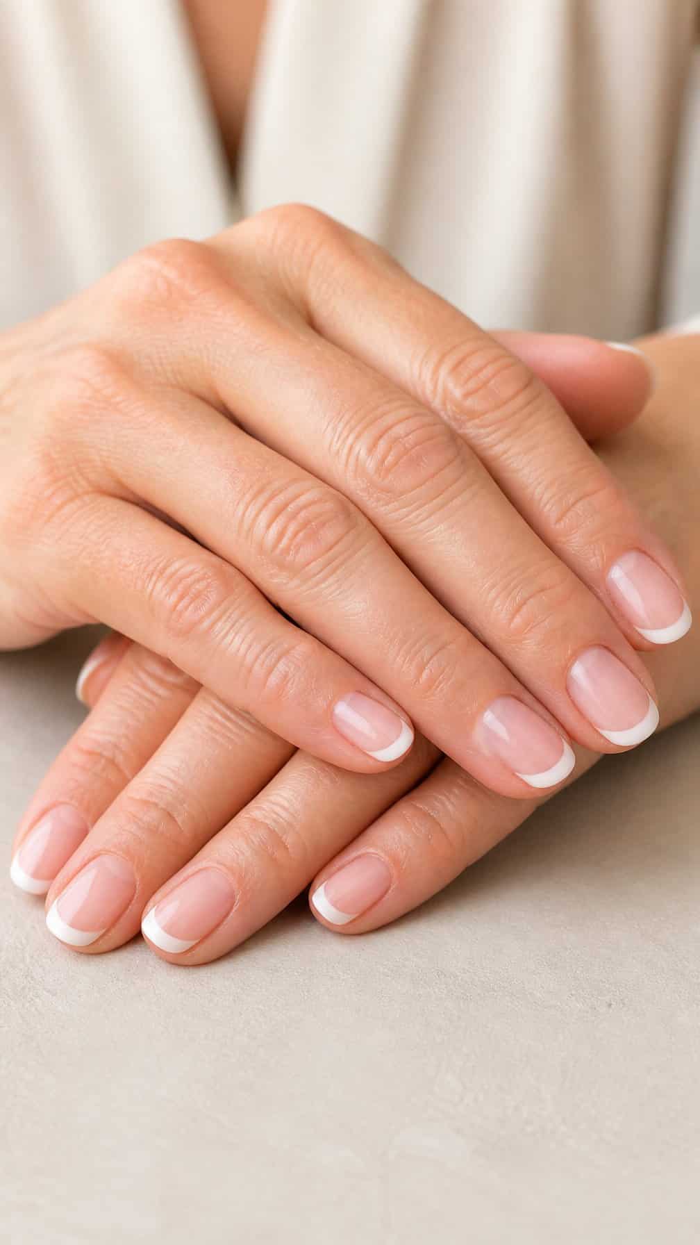 A woman's hands with elegant oval-shaped French manicured nails resting gracefully on a light surface.