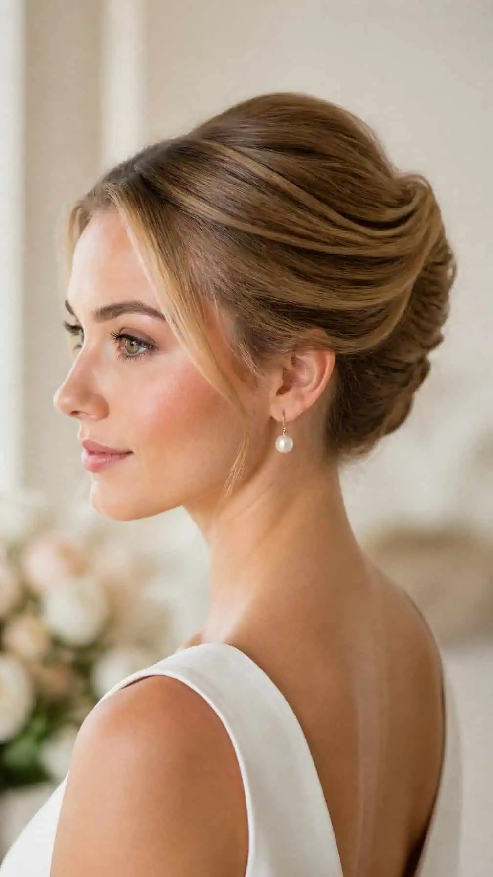 Bride wearing an elegant updo and a simple white wedding dress.