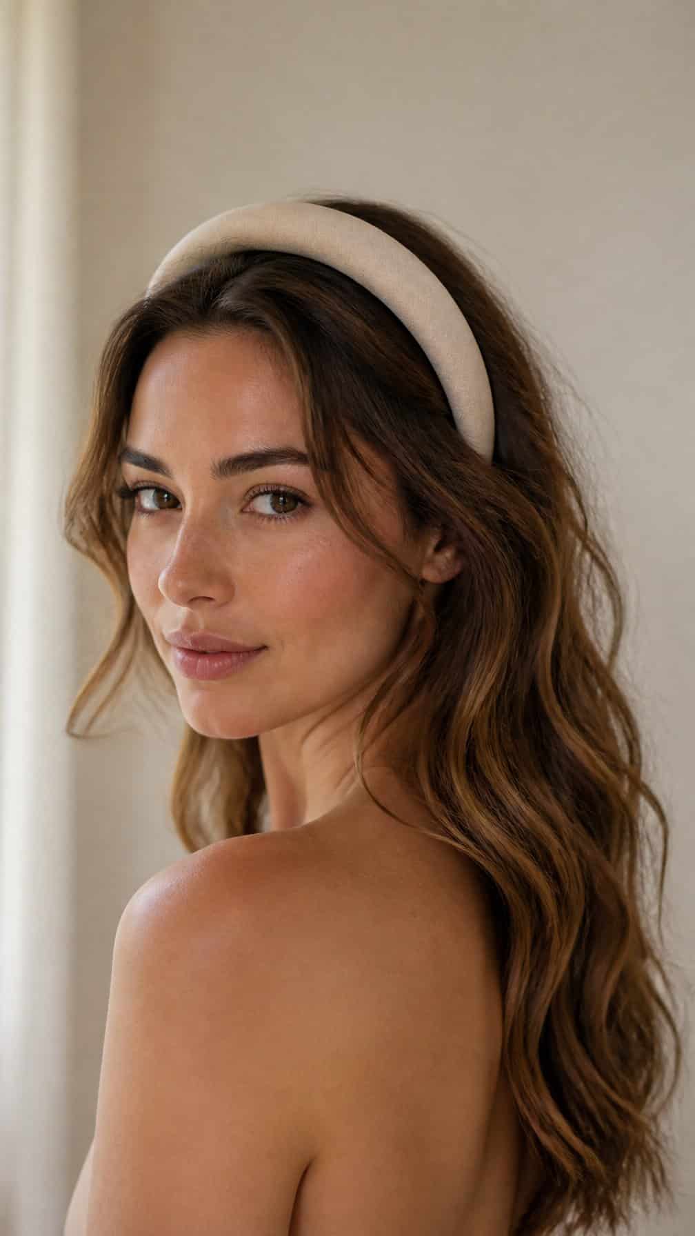 Woman wearing a padded headband with loose wavy hair.
