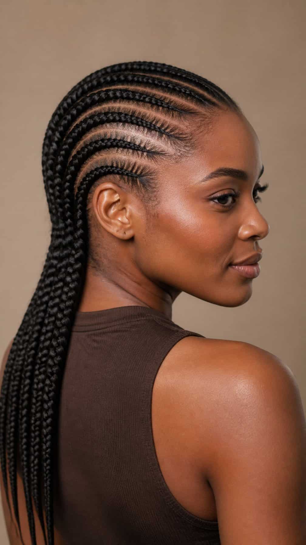 A woman with neatly braided hair is shown from a three-quarter rear view against a plain background.
