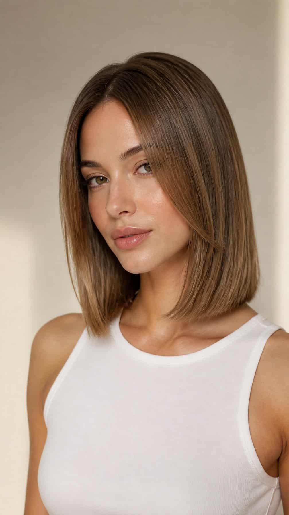 A woman with straight, collarbone-length hair and softly feathered ends.