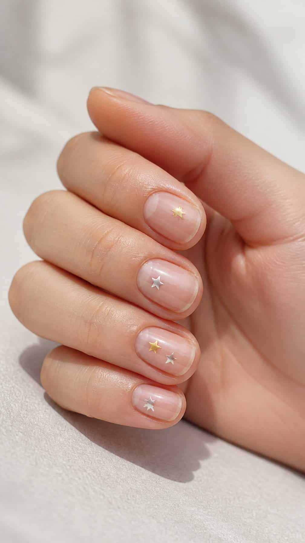 A hand with clear glossy nails decorated with tiny star stickers.