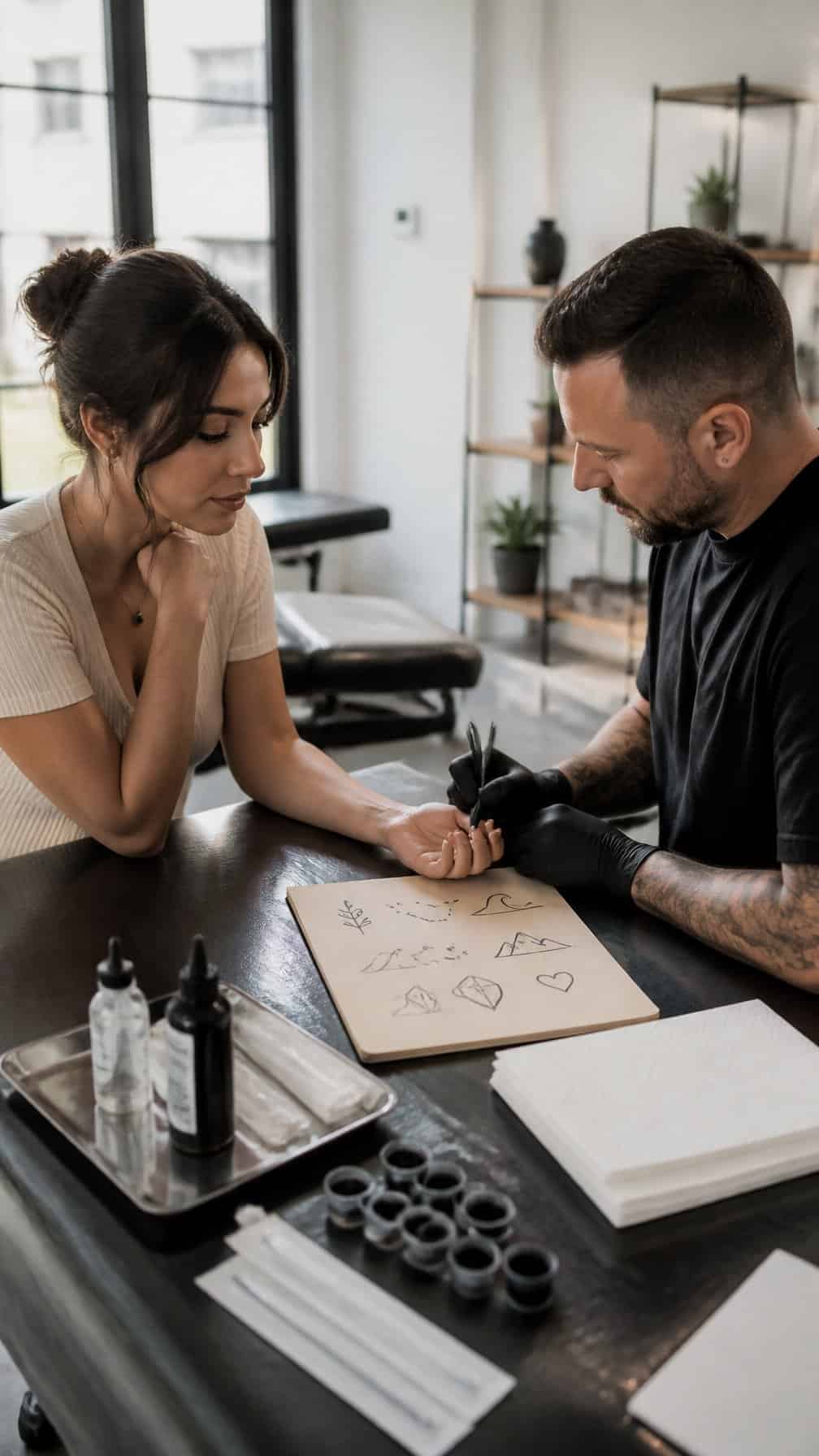 A client discusses small tattoo designs with an artist in a clean, modern tattoo studio.