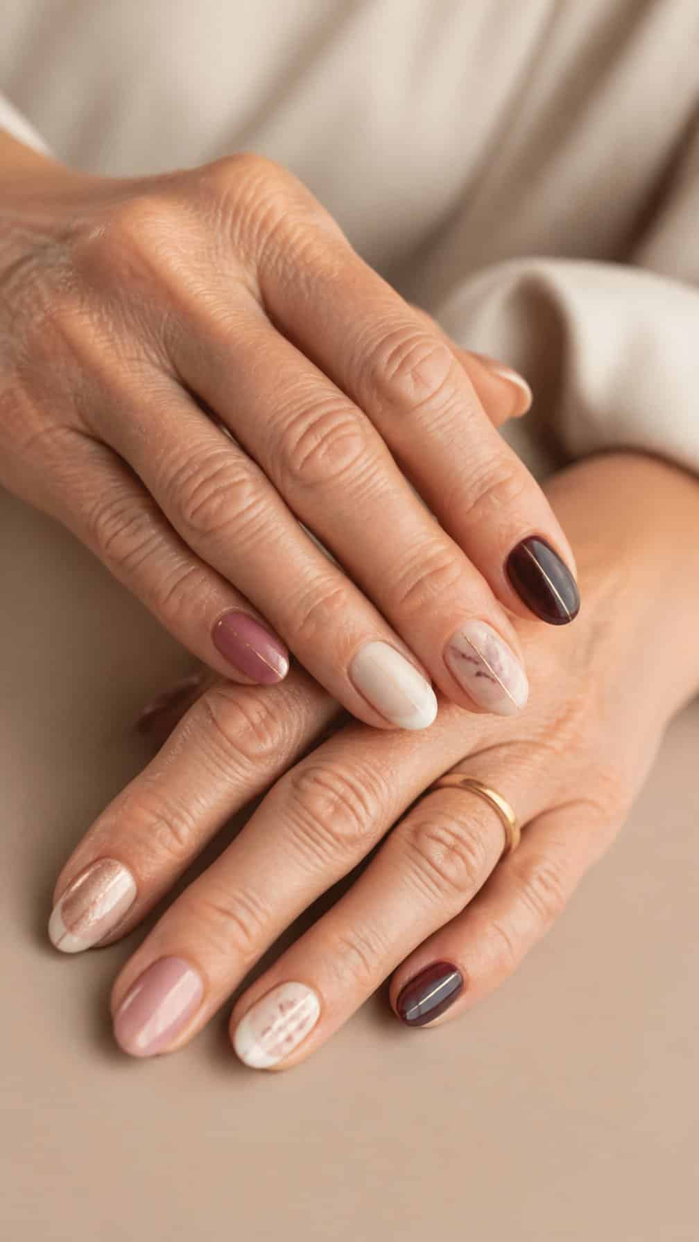 Close-up of mature hands with neatly manicured nails in several elegant designs resting on a neutral surface.